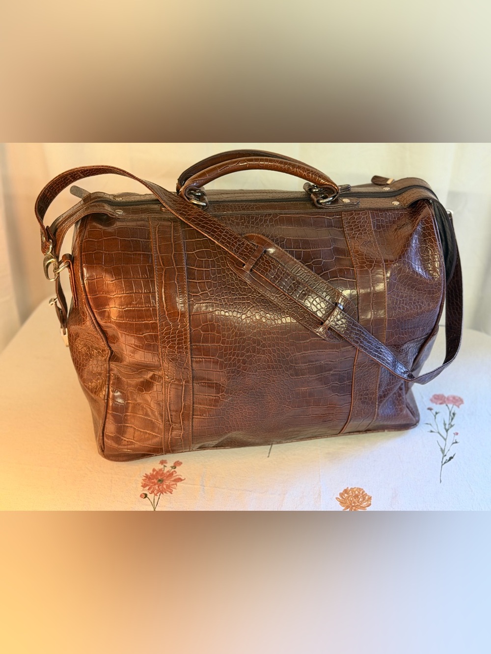 Vintage Bath & Body Works Brown Faux Crocodile Weekender Duffle Bag